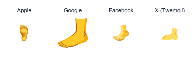 Foot emoji artwork compared side by side for Apple, Google Noto, Facebook, and X Twemoji styles on white.