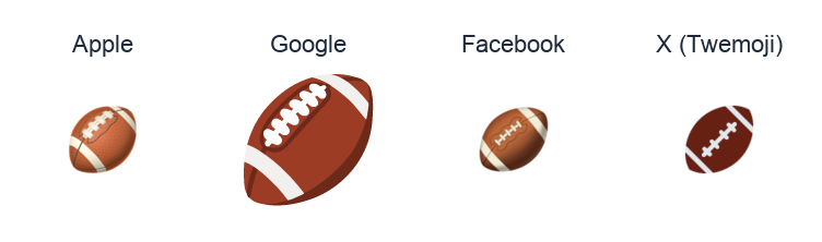 American Football emoji artwork compared side by side for Apple, Google Noto, Facebook, and X Twemoji styles on white.