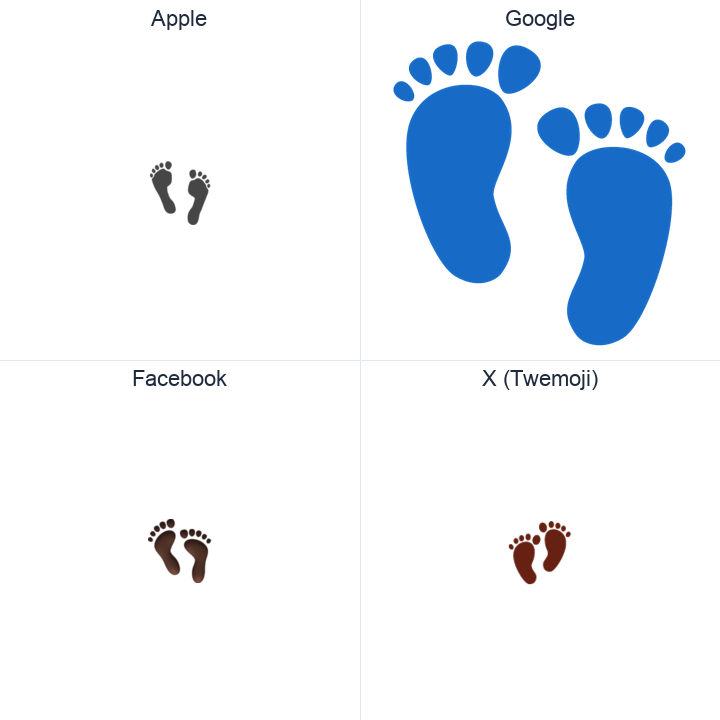 Footprints emoji in a square grid: Apple and Google on the top row, Facebook and X Twemoji on the bottom, on white.