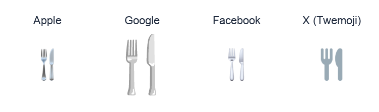 Fork And Knife emoji artwork compared side by side for Apple, Google Noto, Facebook, and X Twemoji styles on white.