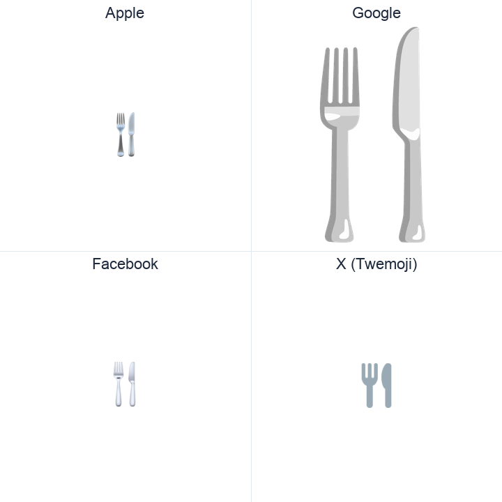 Fork And Knife emoji in a square grid: Apple and Google on the top row, Facebook and X Twemoji on the bottom, on white.