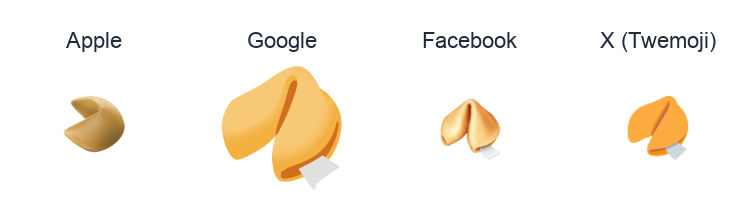 Fortune Cookie emoji artwork compared side by side for Apple, Google Noto, Facebook, and X Twemoji styles on white.