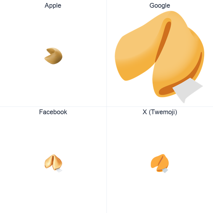 Fortune Cookie emoji in a square grid: Apple and Google on the top row, Facebook and X Twemoji on the bottom, on white.