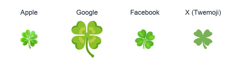 Four Leaf Clover emoji artwork compared side by side for Apple, Google Noto, Facebook, and X Twemoji styles on white.