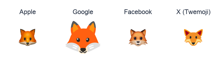Fox Face emoji artwork compared side by side for Apple, Google Noto, Facebook, and X Twemoji styles on white.