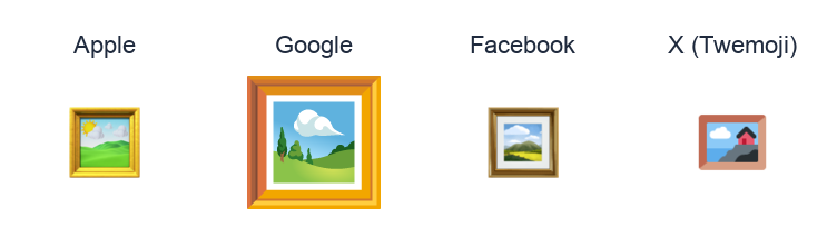 Framed Picture emoji artwork compared side by side for Apple, Google Noto, Facebook, and X Twemoji styles on white.