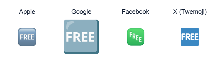 Squared Free emoji artwork compared side by side for Apple, Google Noto, Facebook, and X Twemoji styles on white.