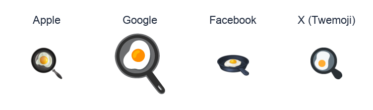 Cooking emoji artwork compared side by side for Apple, Google Noto, Facebook, and X Twemoji styles on white.