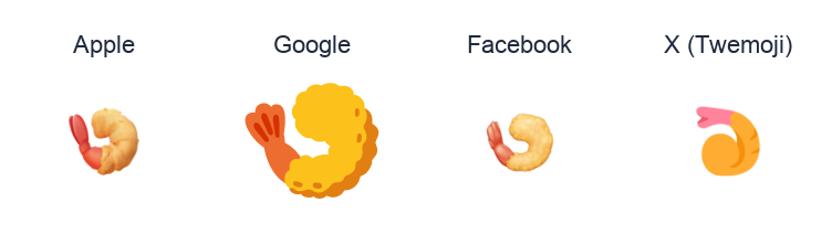 Fried Shrimp emoji artwork compared side by side for Apple, Google Noto, Facebook, and X Twemoji styles on white.