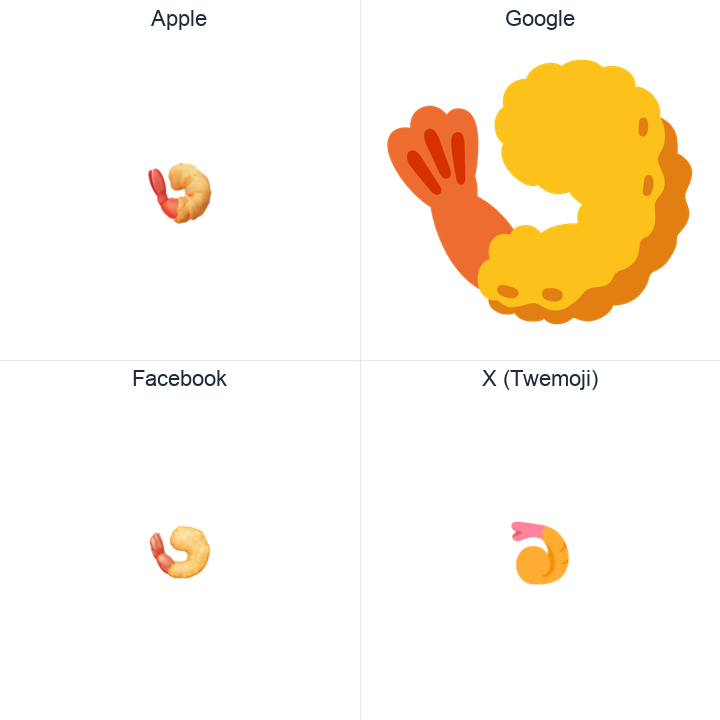 Fried Shrimp emoji in a square grid: Apple and Google on the top row, Facebook and X Twemoji on the bottom, on white.