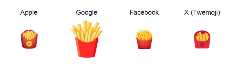 French Fries emoji artwork compared side by side for Apple, Google Noto, Facebook, and X Twemoji styles on white.