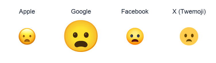 Frowning Face With Open Mouth emoji artwork compared side by side for Apple, Google Noto, Facebook, and X Twemoji styles on white.