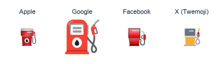 Fuel Pump emoji artwork compared side by side for Apple, Google Noto, Facebook, and X Twemoji styles on white.