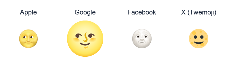 Full Moon With Face emoji artwork compared side by side for Apple, Google Noto, Facebook, and X Twemoji styles on white.