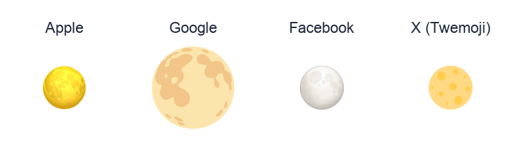 Full Moon Symbol emoji artwork compared side by side for Apple, Google Noto, Facebook, and X Twemoji styles on white.