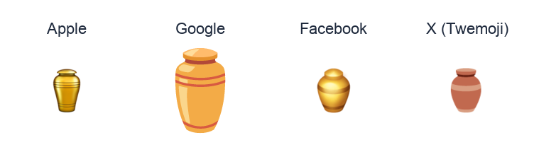 Funeral Urn emoji artwork compared side by side for Apple, Google Noto, Facebook, and X Twemoji styles on white.