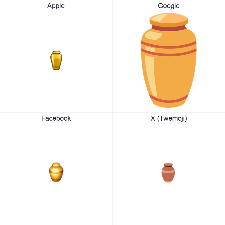 Funeral Urn emoji in a square grid: Apple and Google on the top row, Facebook and X Twemoji on the bottom, on white.