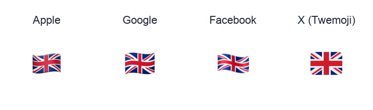 United Kingdom Flag emoji artwork compared side by side for Apple, Google Noto, Facebook, and X Twemoji styles on white.