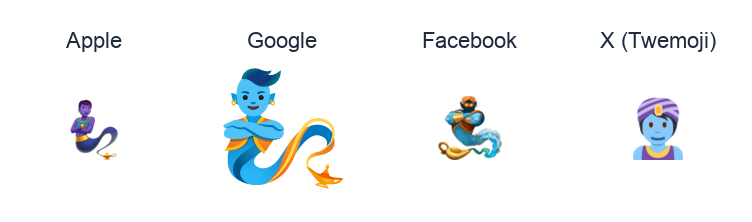Genie emoji artwork compared side by side for Apple, Google Noto, Facebook, and X Twemoji styles on white.