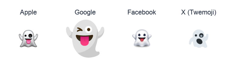 Ghost emoji artwork compared side by side for Apple, Google Noto, Facebook, and X Twemoji styles on white.