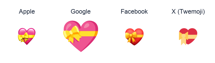 Heart With Ribbon emoji artwork compared side by side for Apple, Google Noto, Facebook, and X Twemoji styles on white.