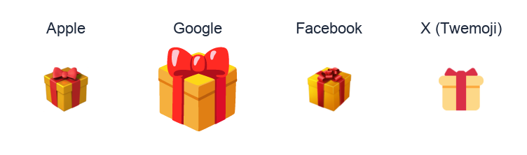 Wrapped Present emoji artwork compared side by side for Apple, Google Noto, Facebook, and X Twemoji styles on white.