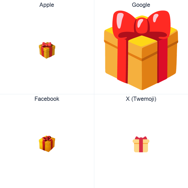 Wrapped Present emoji in a square grid: Apple and Google on the top row, Facebook and X Twemoji on the bottom, on white.