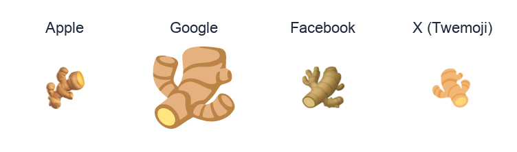Ginger Root emoji artwork compared side by side for Apple, Google Noto, Facebook, and X Twemoji styles on white.