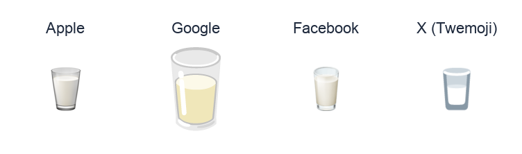 Glass Of Milk emoji artwork compared side by side for Apple, Google Noto, Facebook, and X Twemoji styles on white.