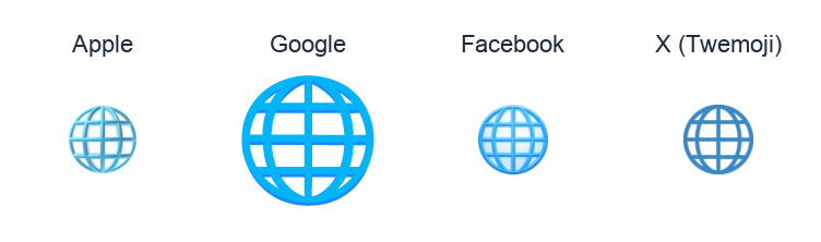 Globe With Meridians emoji artwork compared side by side for Apple, Google Noto, Facebook, and X Twemoji styles on white.