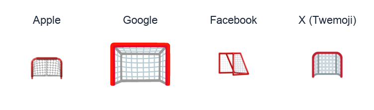 Goal Net emoji artwork compared side by side for Apple, Google Noto, Facebook, and X Twemoji styles on white.