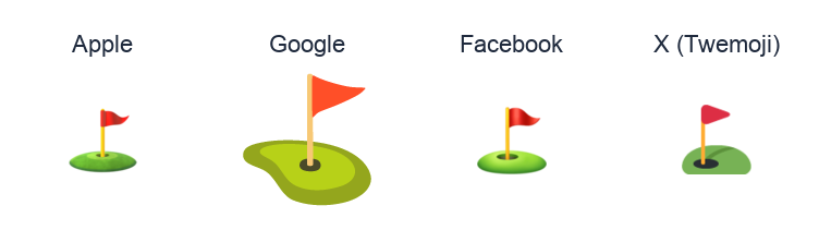 Flag In Hole emoji artwork compared side by side for Apple, Google Noto, Facebook, and X Twemoji styles on white.