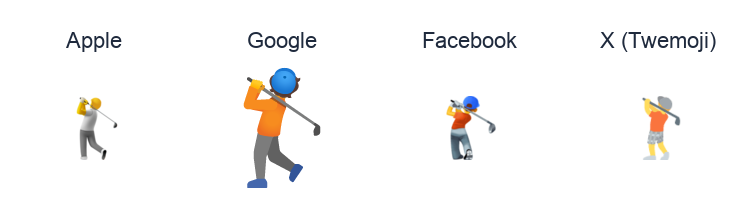 Person Golfing emoji artwork compared side by side for Apple, Google Noto, Facebook, and X Twemoji styles on white.