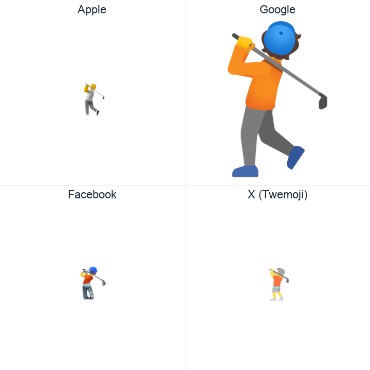 Person Golfing emoji in a square grid: Apple and Google on the top row, Facebook and X Twemoji on the bottom, on white.