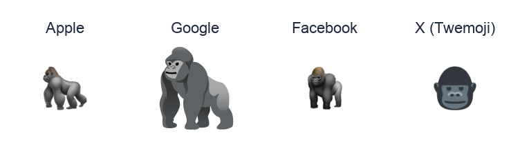 Gorilla emoji artwork compared side by side for Apple, Google Noto, Facebook, and X Twemoji styles on white.