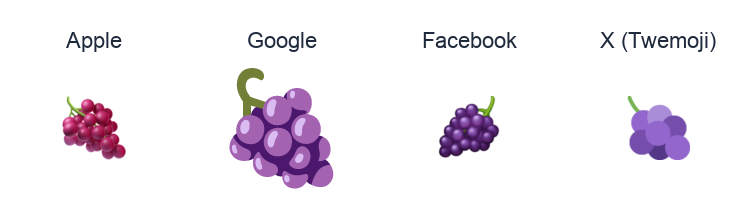 Grapes emoji artwork compared side by side for Apple, Google Noto, Facebook, and X Twemoji styles on white.