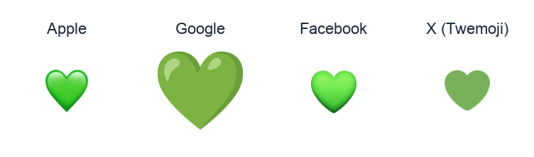 Green Heart emoji artwork compared side by side for Apple, Google Noto, Facebook, and X Twemoji styles on white.