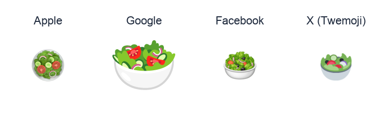 Green Salad emoji artwork compared side by side for Apple, Google Noto, Facebook, and X Twemoji styles on white.