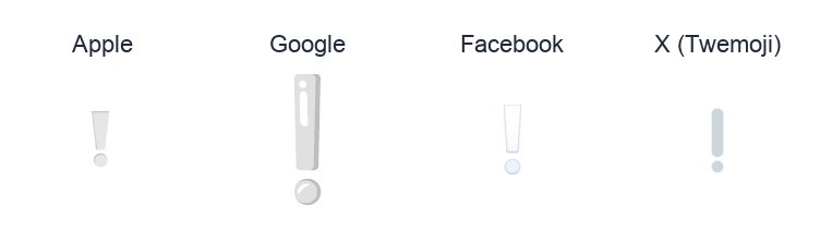 White Exclamation Mark Ornament emoji artwork compared side by side for Apple, Google Noto, Facebook, and X Twemoji styles on white.