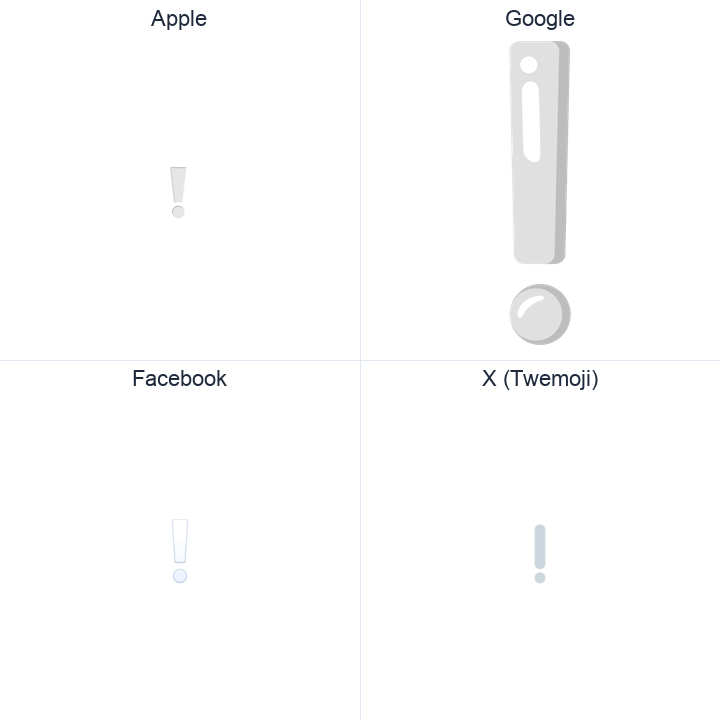 White Exclamation Mark Ornament emoji in a square grid: Apple and Google on the top row, Facebook and X Twemoji on the bottom, on white.