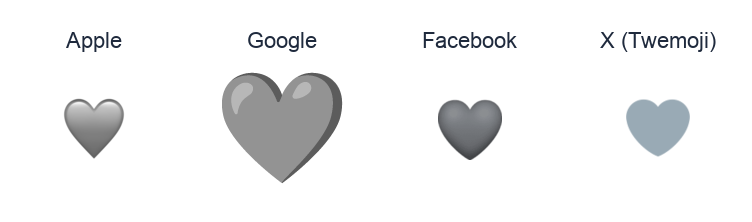 Grey Heart emoji artwork compared side by side for Apple, Google Noto, Facebook, and X Twemoji styles on white.