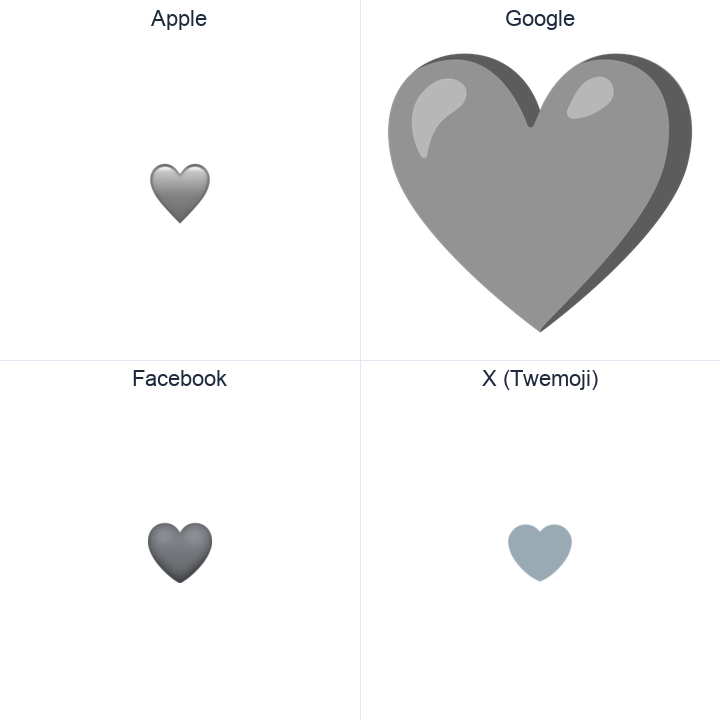 Grey Heart emoji in a square grid: Apple and Google on the top row, Facebook and X Twemoji on the bottom, on white.