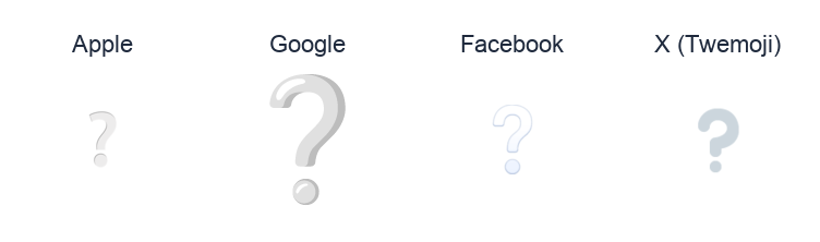 White Question Mark Ornament emoji artwork compared side by side for Apple, Google Noto, Facebook, and X Twemoji styles on white.