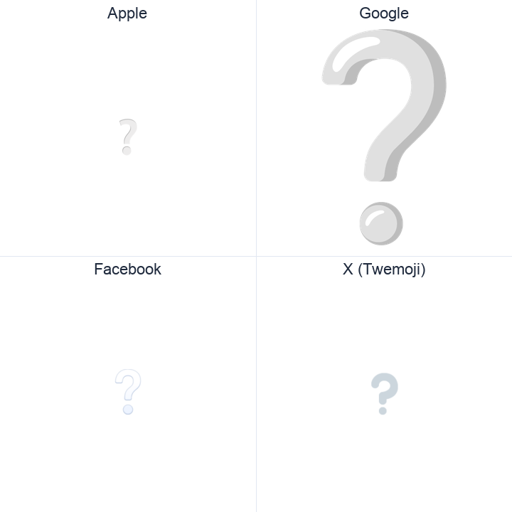 White Question Mark Ornament emoji in a square grid: Apple and Google on the top row, Facebook and X Twemoji on the bottom, on white.