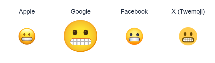 Grimacing Face emoji artwork compared side by side for Apple, Google Noto, Facebook, and X Twemoji styles on white.