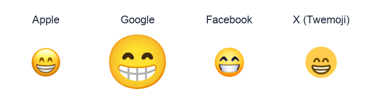 Grinning Face With Smiling Eyes emoji artwork compared side by side for Apple, Google Noto, Facebook, and X Twemoji styles on white.