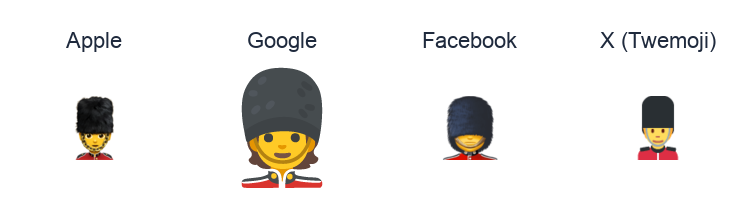 Guardsman emoji artwork compared side by side for Apple, Google Noto, Facebook, and X Twemoji styles on white.