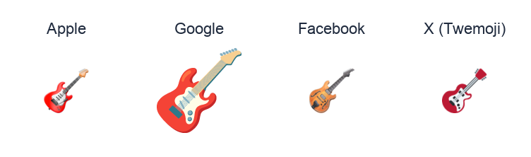 Guitar emoji artwork compared side by side for Apple, Google Noto, Facebook, and X Twemoji styles on white.