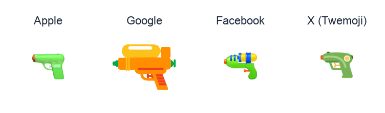 Pistol emoji artwork compared side by side for Apple, Google Noto, Facebook, and X Twemoji styles on white.