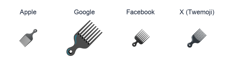 Hair Pick emoji artwork compared side by side for Apple, Google Noto, Facebook, and X Twemoji styles on white.